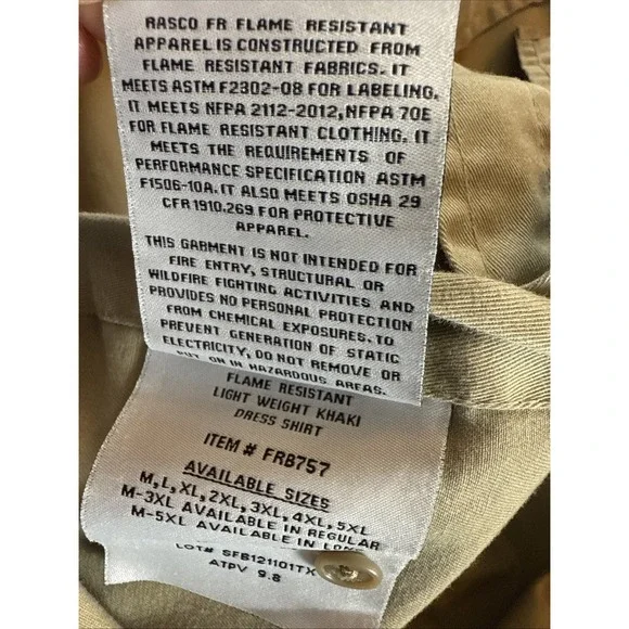 Rasco FR Flame Resistant Shirt Men XL Khaki Button Up Work Shirt Thrashed‎ - Picture 9 of 12